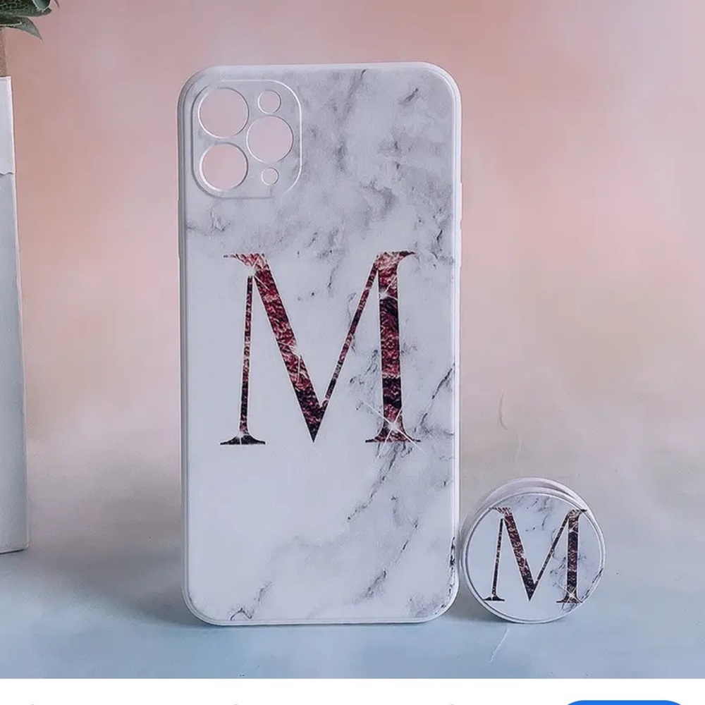White marble pattern iPhone 13 Pro Max case with a large Rose Gold Letter M - Picture 7 of 7